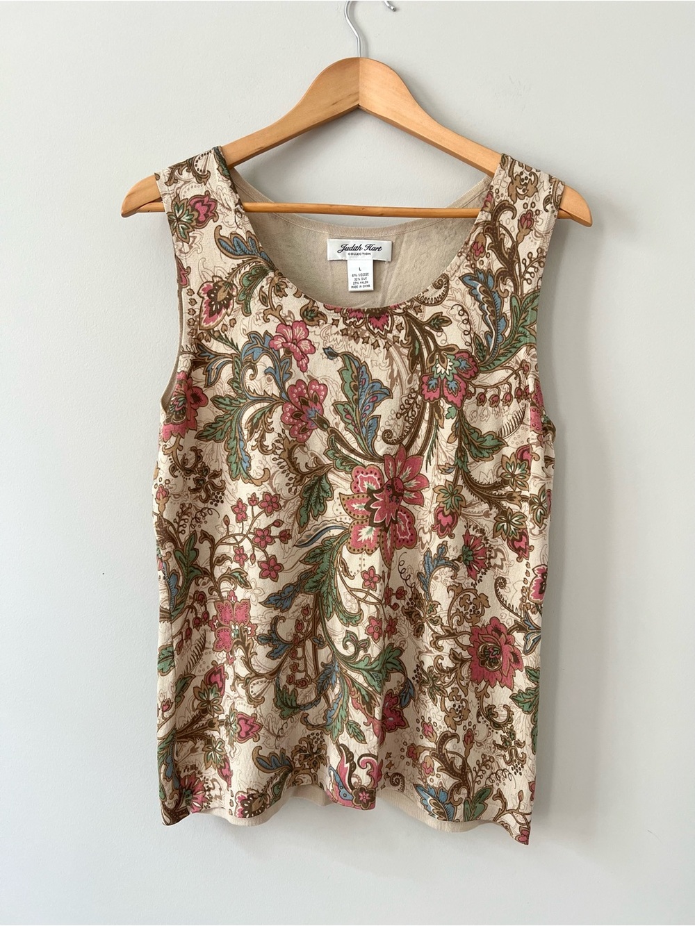 Judith Hart Women Floral Beige Sleeveless Pullover knit Top Silk Blend Size L